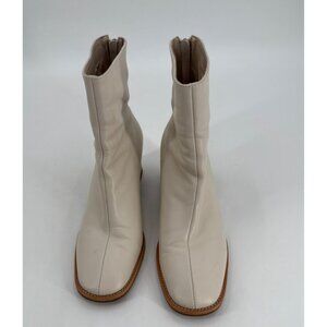 Ivory Leather Mid Block Heel Ankle Boots With Rear Zip Closure Womens Size 8.5